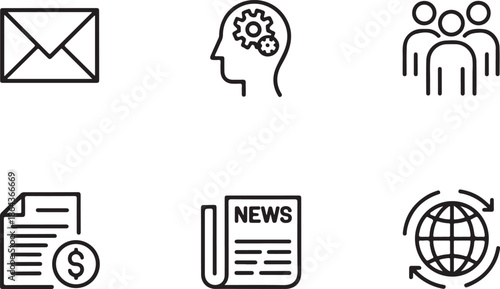 Digital Icon Cluster: A collection of simple line art icons representing various aspects of modern digital and business communication, conveying ideas and information