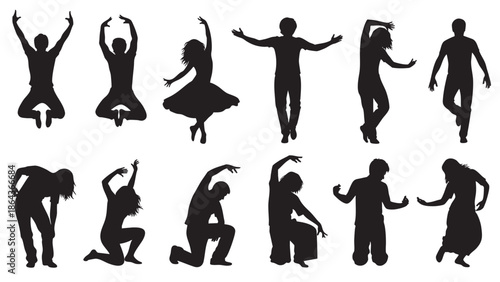 Collection of silhouette dancers and children in various expressive poses on transparent background