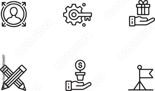 Business Icon Set: A modern and clean set of six vector icons suitable for various business and marketing concepts, highlighting essential elements of growth, strategy, and achievement.