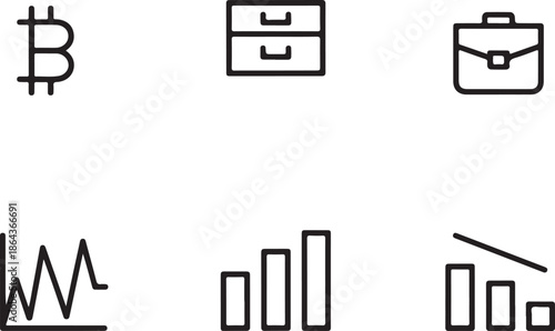 Financial Icon Set: An array of concise financial icons on display, representing elements like Bitcoin, file cabinet, briefcase, and trend charts.