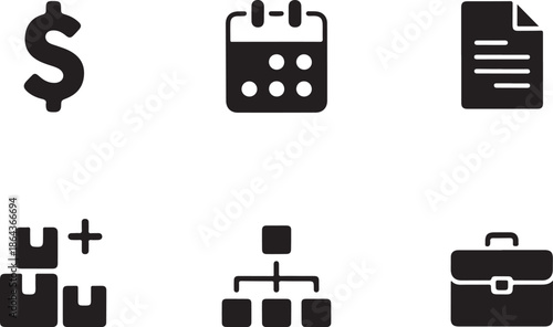 Icons for Business and Finance: A collection of simple, flat icons representing key concepts and tools essential for finance, commerce, and organization.