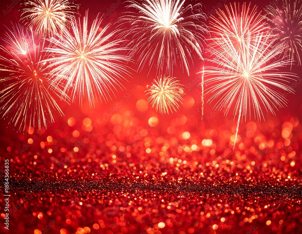 Obraz premium Festive image showcasing vibrant fireworks bursting against a sparkling, red, glittery background, evoking celebration and joy