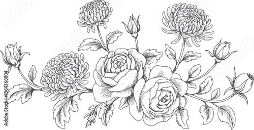 Detailed black and line of roses and chrysanthemums floral arrangement