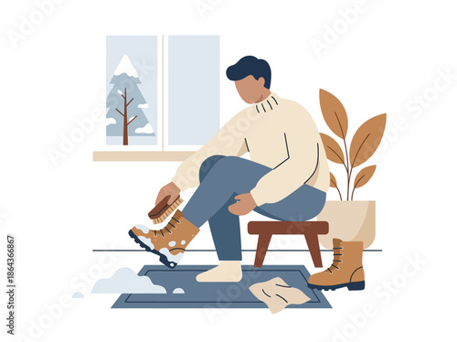 Man cleaning his boots indoors preparing for winter weather. Vector Illustration. EPS Editable