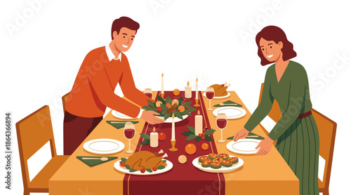 Couple preparing festive dinner table for holiday celebration. Vector Illustration. EPS Editable