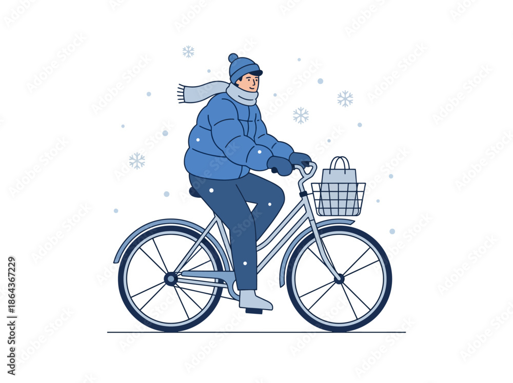Fototapeta premium Man in winter clothes riding bicycle with gift basket in falling snow. Vector Illustration. EPS Editable