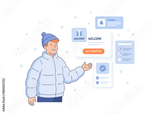 Man in winter clothing presenting user interface elements. Vector Illustration. EPS Editable