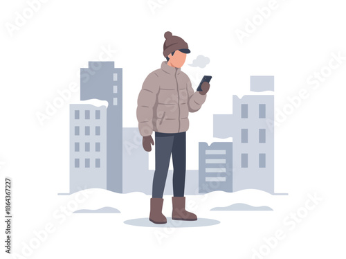 Man in winter attire checking his phone in a snowy urban setting. Vector Illustration. EPS Editable