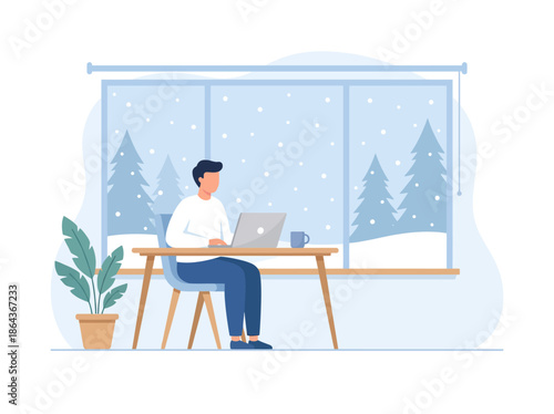Man working on laptop at desk indoors. Vector Illustration. EPS Editable