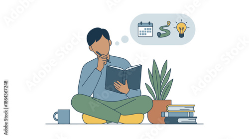 Man sitting crosslegged contemplating ideas while reading a book. Vector Illustration. EPS Editable