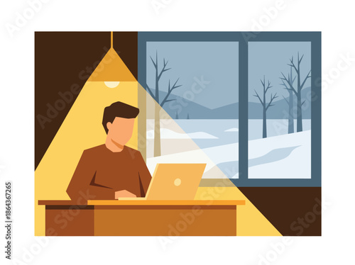 Man working on laptop at desk in a cozy indoor setting. Vector Illustration. EPS Editable