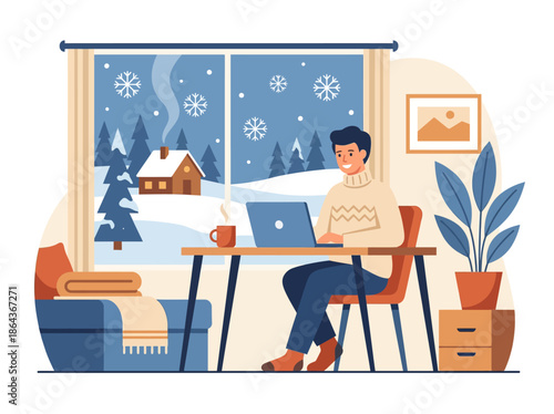 Man working remotely on laptop at home during winter. Vector Illustration. EPS Editable