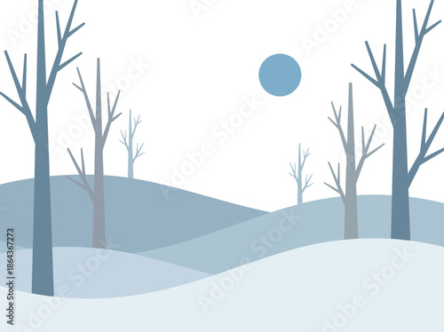 Minimalist Winter Landscape with Bare Trees and SnowCovered Hills Under a Blue Moon. Vector Illustration. EPS Editable