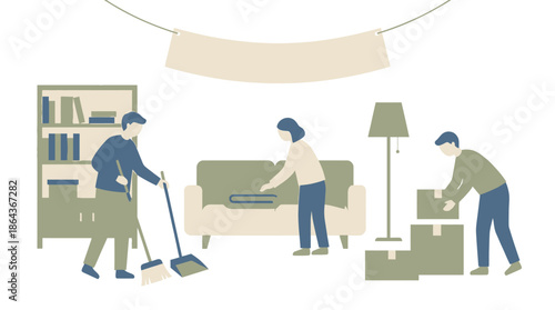 People cleaning and packing for a move. Vector Illustration. EPS Editable