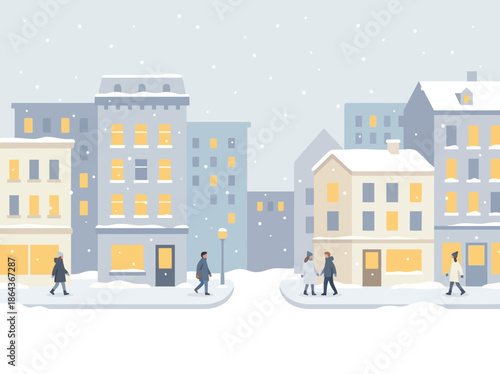 People walking on a snowy street in a charming winter city scene. Vector Illustration. EPS Editable