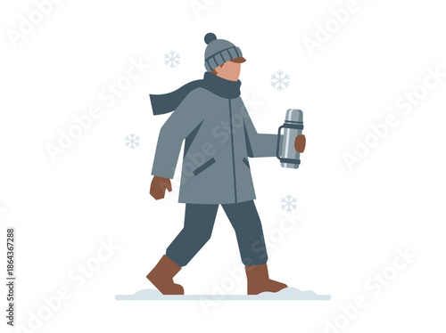 Person in winter clothing walking with a thermos. Vector Illustration. EPS Editable