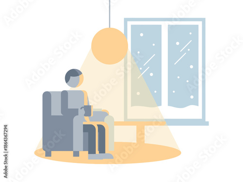 Person sitting on a chair next to a table with a cup enjoying a snowy day. Vector Illustration. EPS Editable