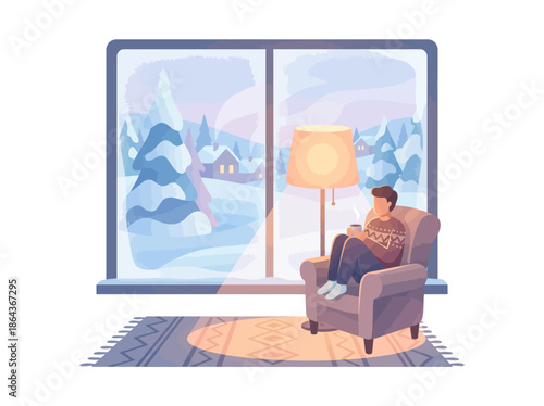 Person relaxing in armchair with hot drink. Vector Illustration. EPS Editable