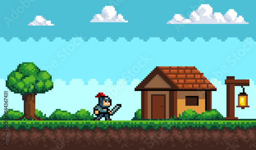 Pixel Art Game Background with Sky, Clouds and a Knight near the House – vector illustration