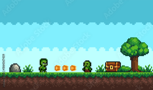 Pixel art background sky, tree and chest of gold. seamless Vector illustration