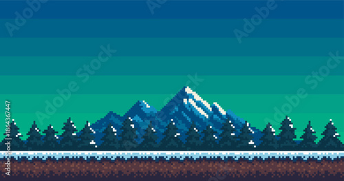 Pixel art Game background sky, mountain and fir trees. seamless Vector illustration