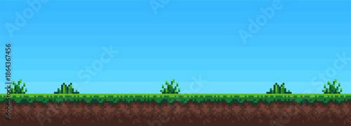 Pixel art background sky, clouds and grass. seamless Vector illustration