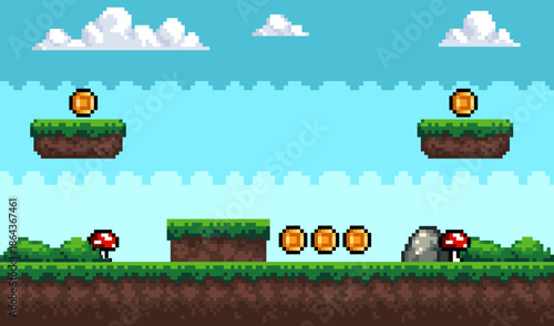 Pixel Art Game Background with Sky, Coins and Grass – Seamless Platformer Level