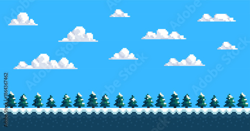 Pixel art background sky, clouds and fir trees. seamless Vector illustration