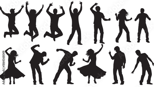 Group of People Dancing and Jumping Silhouettes on Transparent Background