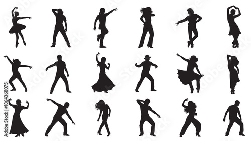 Group of Silhouettes of People Dancing Performing Various Moves