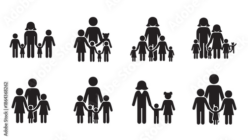 Family silhouettes representing unity and togetherness in various compositions