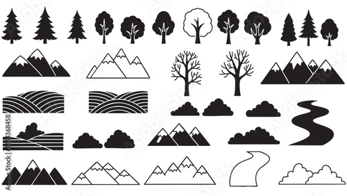 Set of mountain and nature icons in black isolated on transparent background