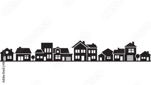 Silhouette cityscape of various residential buildings on white background