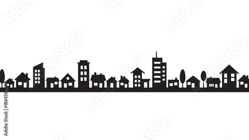 Silhouette Cityscape Illustration with Various Buildings and Trees on Transparent Background