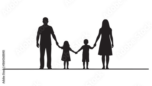 Silhouette of a Family with Children Holding Hands on White Background