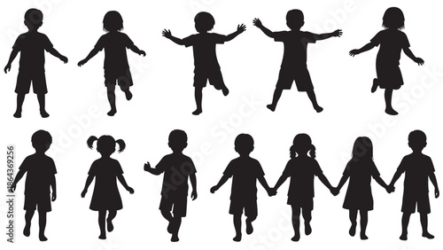 Silhouettes of children playing and jumping in a fun group activity