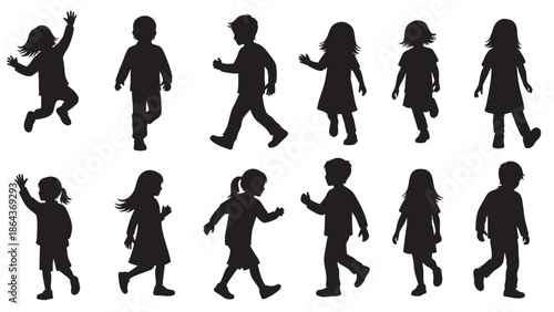 Silhouettes of Children Playing and Walking on Transparent Background