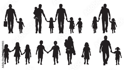 Silhouettes of Families Holding Hands and Walking Together in Various Compositions