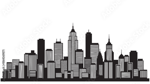 Stylized black and white city skyline silhouette illustration