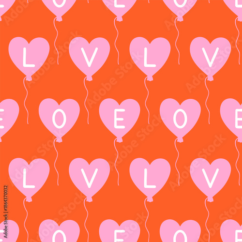 Seamless pattern of hand drawn heart love balloons on isolated background. Simple romantic design for Valentine’s Day, wedding and Mother’s Day celebration, greeting card, home decor, textile, print.