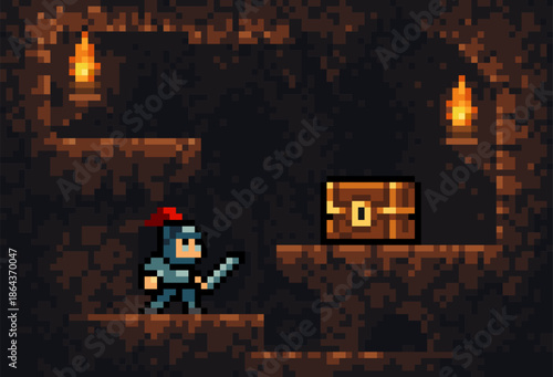 Game level, cave with knight and chest with rewards. Retro platformer style in pixel style