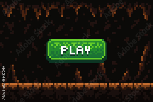 Game level, cave with stalagmites and stalactites in retro platformer style with Start button