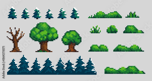 Pixel art tree set, bushes, grasses and fir trees 8 bit video game nature asset Isolated pixel art