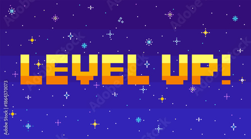 Pixel art night starry sky. with the inscription Level Up!