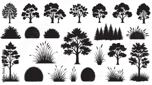Variety of tree silhouettes and plants collection for landscape design