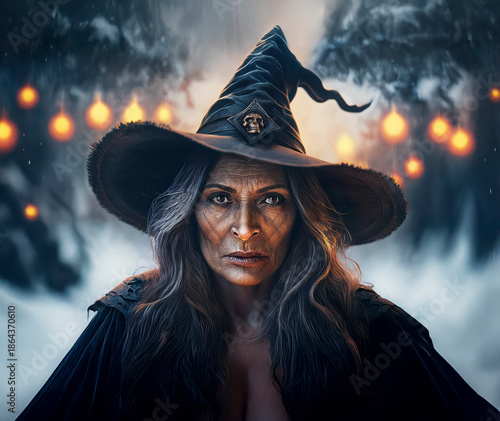 Illustration - Strong and powerful elderly witch in an ancient village at dusk