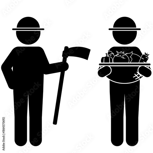 くわを持つ作業者と収穫かごを持つ人物の全身を描いた農業ピクトグラム