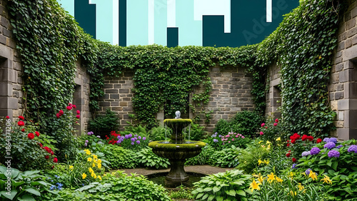 Enchanting stone courtyard garden adorned with vibrant blooming flowers and lush green ivy, featuring a charming tiered fountain amidst a picturesque, secluded, and tranquil outdoor oasis