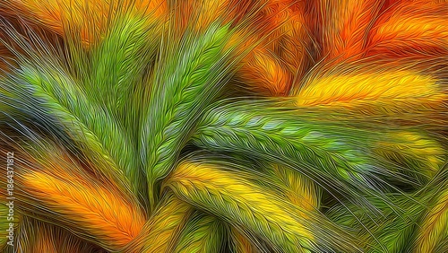 Abstract digital art illustration of swirling barley ears featuring vibrant green, yellow, and orange oil painting texture for creative agricultural background design.