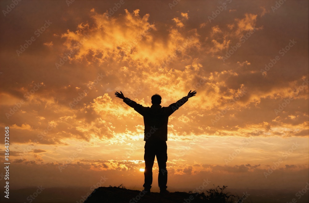 Fototapeta premium Person standing with arms open at sunset celebrating freedom